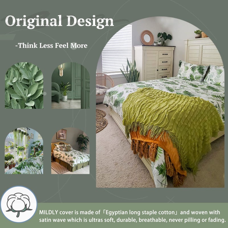 MILDLY 100% Long-Staple Cotton Duvet Cover Set Green Palm Leaf Pattern Printed Comforter Cover 3pcs, Ultra Soft & Breathable Bedding Set - Image 4
